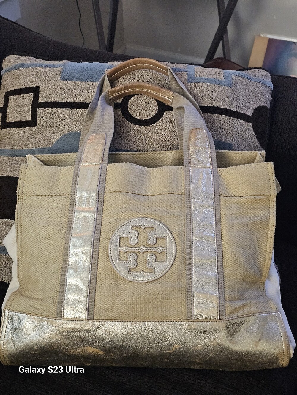 Tory  Burch Large Canvas Gold Tote Pre-owned